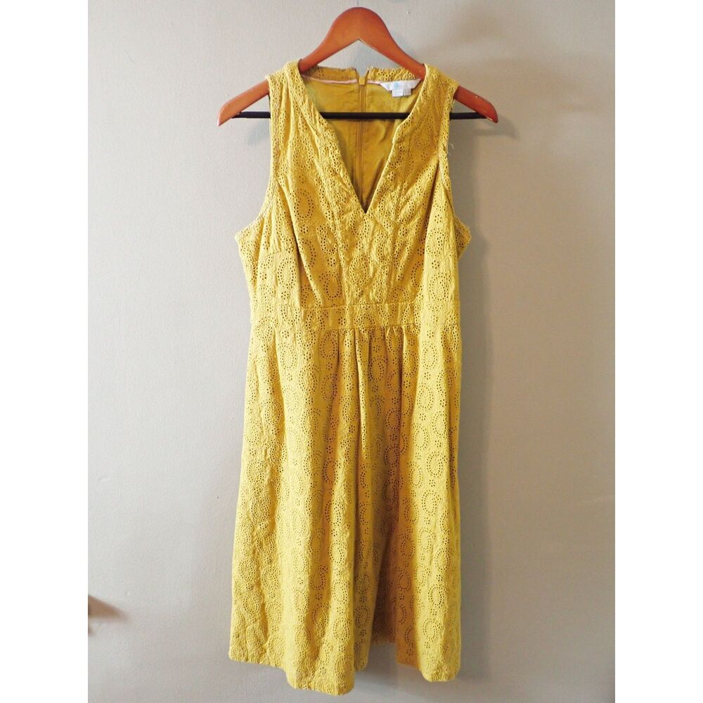 Boden Summer Dress Size 10R Mustard Yellow Eyelet A-Line Midi Prep Vacation